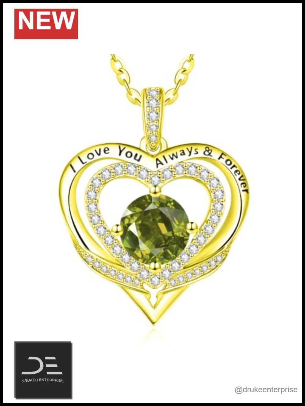 14K Gold Plated Double Heart Birthstone Pendant Necklace Women